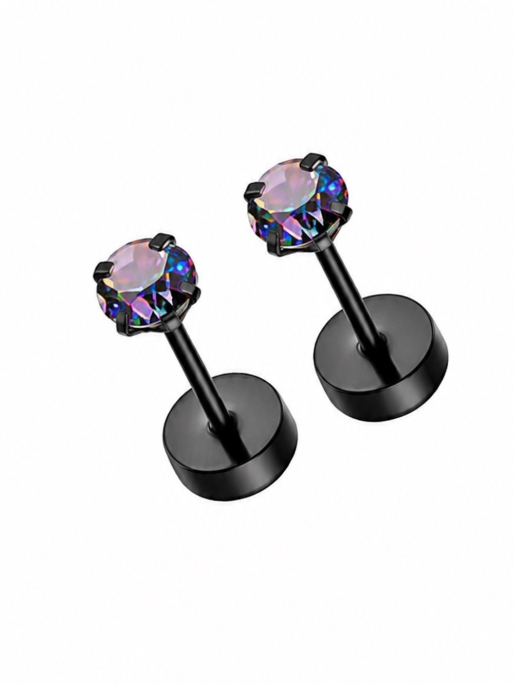Rainbow CZ Flat Back Stud Earrings 20G Black Stainless Steel